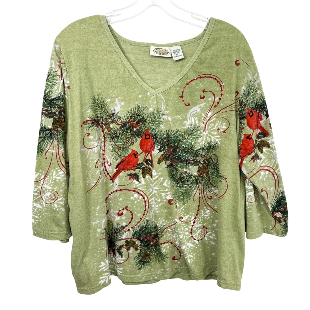 Collections XL Top Christmas Cardinal Green Y2K Holiday Grunge Ugly Novelty 1834